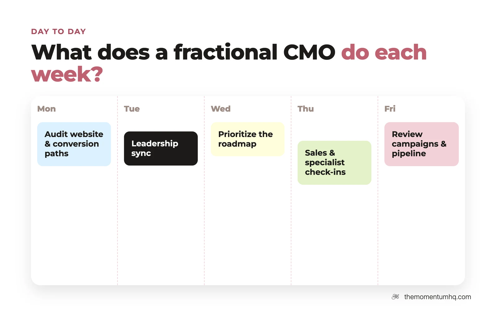What a fractional CMO does each week: audit the website and conversion paths, leadership sync, prioritize the roadmap, sales and specialist check-ins, and review campaigns and pipeline